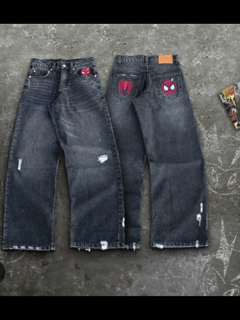 Source Unknown Men's Black Corduroy Wide-Leg Pants with Red Spider Patches